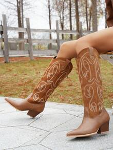 Women's Western Style Pointed Toe Mid-Calf Boots, Embroidered Chunky Heel Cowboy Boots - Brown - View 3