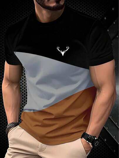 Camiseta casual de manga corta con bloque de 3 colores y estampado de logo de cabeza de ciervo simple para hombre