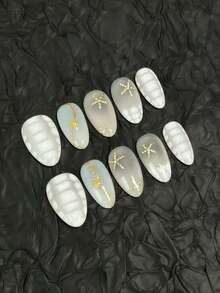 2026 Spring Summer Hot Selling Press On Nails, 10Pcs Long Almond Milky White Ocean Shell Fake Nails With Rhinestone Starfish Gold Line Bead, Minimal Vacation Reusable Handmade Nail Kit, Free Jelly Glue Tabs & Nail File - Follow Your Heart - View 4
