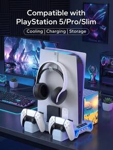 Dudukan Konsol Multifungsi dengan Pendingin dan Pengisian Daya PlayStation 5 | Kipas Pendingin Aktif Terintegrasi, Pendinginan Efisien untuk Mencegah Panas Berlebih | Dudukan Pengisian Daya Kontroler Ganda + Desain Pengait Headphone | Kompatibel dengan PlayStation 5 / PlayStation 5 Slim / PlayStation 5 Pro Edisi Disc & Digital | Penempatan Konsol yang Stabil Secara Vertikal | Pencahayaan Ambient RGB, Solusi Penyimpanan Meja Gaming | Aksesori PlayStation 5 Penting - MultiWarna - View 10