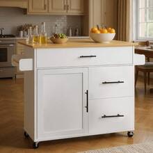 Isla de Cocina, Barras Para Cocina Integral Extensible, Carrito De Almacenamiento, Desayunador, Muebles con 3 Cajones - Blanco y Negro - Ver 1