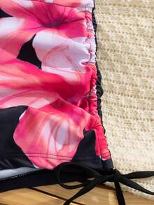 新盛源3件套欧美时尚新年情人节服装，可拆卸泳衣胸垫，可爱休闲露背吊带抽绳比基尼套装，芙蓉花印花薄纱上衣，奢华性感优雅显瘦海边沙滩派对，侧边抽绳褶皱三角裤，时尚泳装。 - 彩色 - 查看 4