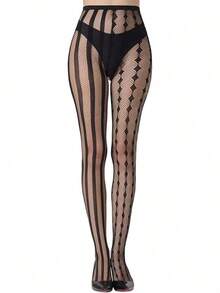 1 Pair Of Halloween Checkered Striped Clown Leggings, Suitable For Women, With Gothic Style Pattern Fishnet Stockings - Black - View 5