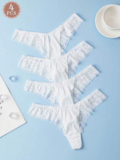 4 Stück/Pack Sexy Spitzen Damen String, atmungsaktiv & weich, glatte Stoffe, minimalistisch & elegant, einfarbige Höschen, geeignet für alle Jahreszeiten, passend für Dates, Yoga, Alltag, Einkaufen und mehr