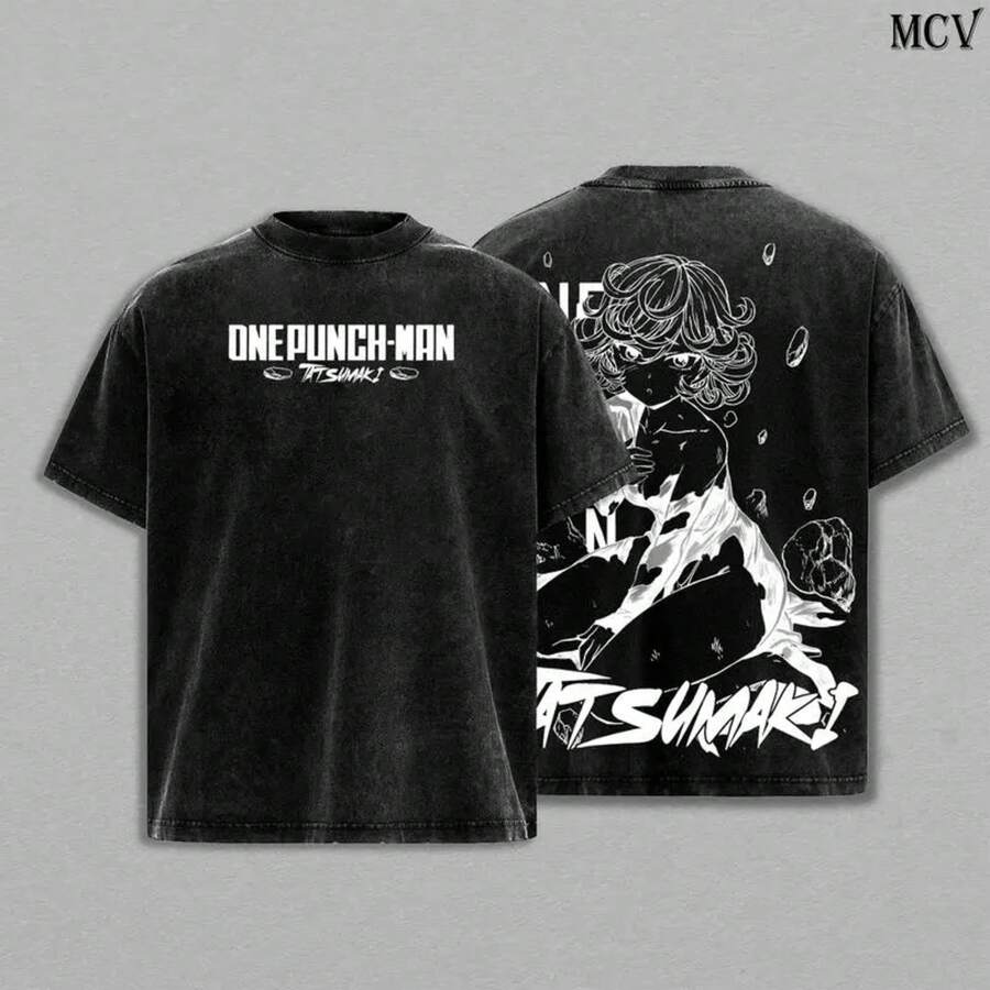 Camiseta Tatsumaki Lavada Oversize Unisex Algodón Pesado Vintage Doble Impresión One Punch Man SS3 Anime Manga Camiseta Gráfica Tornado de Terror Ropa de Calle Retro Japonesa Ropa de Mujer Ropa de Hombre - Negro - Ver 1