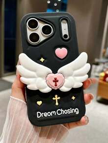 1pc New INS Style 3D Angel Wings Stand Holder Case Compatible With IPhone 17 Pro Max, Compatible With IPhone 16, 15 Plus, 14 Pro, 13 Pro Max, 12 Pro Max, Soft Silicone Fashionable Protective Cover - Black - View 3