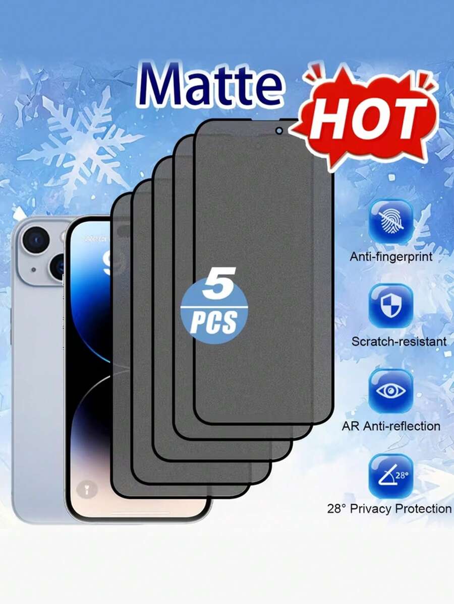 5片装磨砂防窥屏保护膜，兼容 11/12/13/14/15/16、17 Pro、17 Air、17 Pro Max、16 Pro和16 Pro Max系列。产品特点包括：磨砂表面、无延迟响应、隐私保护、全高清清晰度、侧边防窥、防眩光、零色差。非常适合搭配手机壳使用，也是情人节礼物的理想之选。屏幕保护必备品，适用于日常、办公、家庭等各种场景。防窥、防水、防震、防摔、防刮擦。