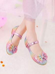 Girls Glitter Ombre Bow Decor Mary Jane Flat Shoes - Multicolor - View 3