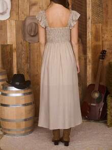 Women's Beige Gingham Maxi Dress Square Neck Ruffle Cap Sleeves Bow Front Western Boho Long Dress For Country Concert - Màu Khaki - Xem 3