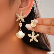 1 pieza Pendientes de estrella de mar y concha para mujeres, elegante y clásico, moda vintage casual adecuado para playa, vacaciones, viajes, uso diario, fiestas callejeras, regalo (empaquetado en bolsa de OPP) - Plateado - Ver 5