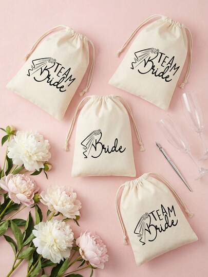 10个装束口礼品袋，男女皆宜，图案包括“新娘”或“伴娘团”等，非常适合用作婚礼回礼、单身派对礼物和伴娘礼物。也是创意婚礼礼物和新娘送礼会小型派对用品的理想之选。