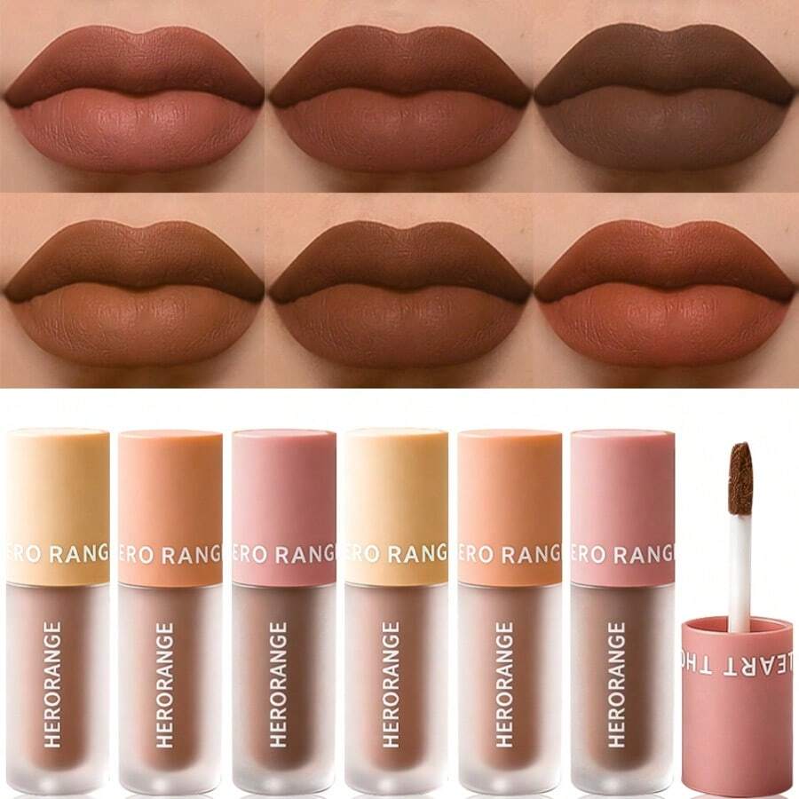 [6-Color Set] HERORANGE Velvet Lip Mousse - 2-In-1 Lip & Eye Tint, Low-Saturation Matte Nude Finish | Smooth & Long-Lasting, Non-Fading Color | Perfect For Stage & Festival Makeup | Affordable Gift Set For Teens" - Nhiều màu - Xem 1
