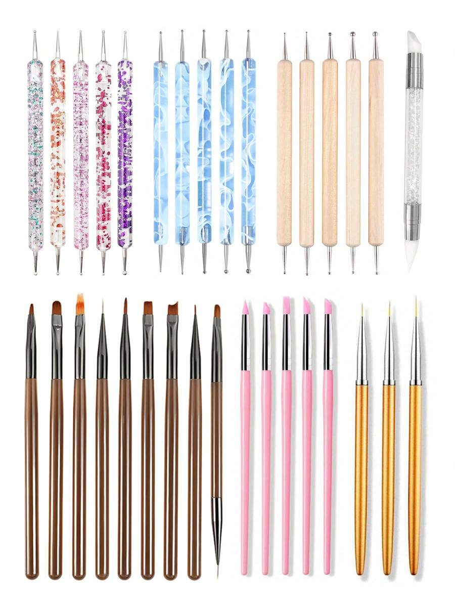 1 Set Nail Art Dotting Pen Kit, Nail Tools Polka Dot Pen, Nail Dotting Pen, Silicone Nail Art Pen Set Pink Handle Dotting Pen, Nail Art Dual-Head Silicone Pen Engraving Pen Gel Brush Nail Art Brush, Nail Art Tools Metal Rod Flower Line Drawing Pen Gold Nail Art Pen Set Striping Brush - Multicolor - View 1