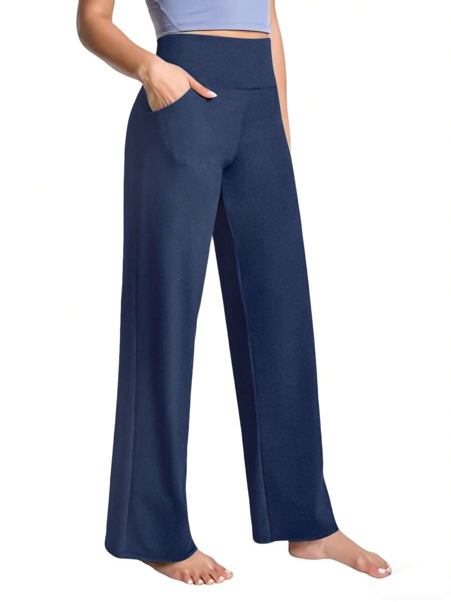 GEREARC Women's High-Waist Elastic Wide-Leg Yoga Pants – Pocketed Casual Sportswear - 深藍色 - 查看 1