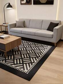 1pc Modern Minimalist Black And White Geometric Striped Rug, Composed Of Varying Length Geometric Stripes Forming Diamond Grid Pattern, Sleek Geometric Lines Suitable For Modern Living Room, Minimalist Bedroom, Nordic-Style Entryway, Multiple Sizes Available, Living Room Rug, Rug, Living Room Area Rug, Area Small Rug, Mat, Home Decor, Large Living Room Rug, Room Decor, Washable Rug, Plush Rug, Fuzzy Rug, Autumn/Winter Rug - Multicolor - View 4