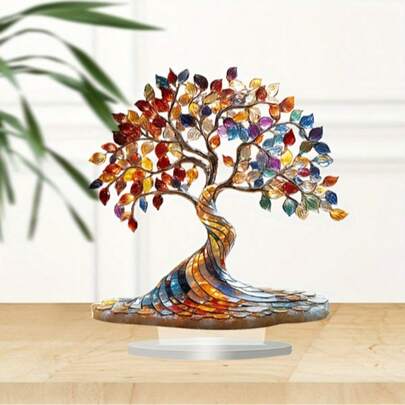 Bohemian Tree Of Life Acrylic Table Decor With Butterfly Accents - Perfect For Home, Office Or Cafe Display, 7.08X7.08 Inch