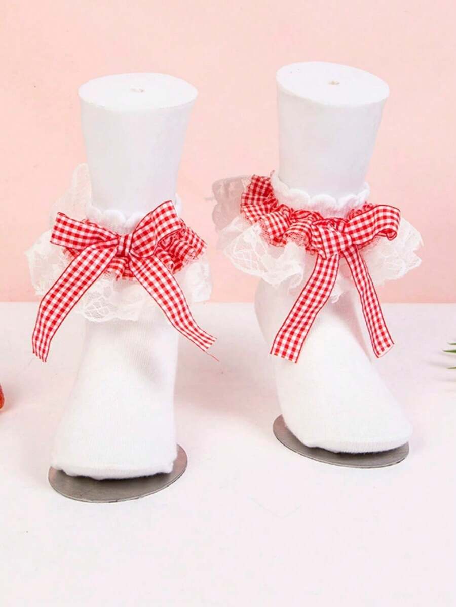 1 Pair Children's Lace Plaid Bow Ruffle Dance Princess Fashion Versatile Party Frilly Socks - Multicolor - View 1