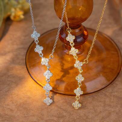 1件装时尚奢华流苏四叶草微镶全钻项链，女士款，精致闪耀高端花卉颈链，独特欧美奢华风格手链