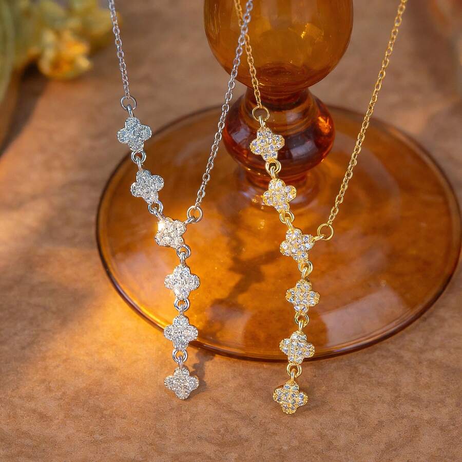 1件装时尚奢华流苏四叶草微镶全钻项链，女士款，精致闪耀高端花卉颈链，独特欧美奢华风格手链 - 四花鑽石項鍊 - 查看 1