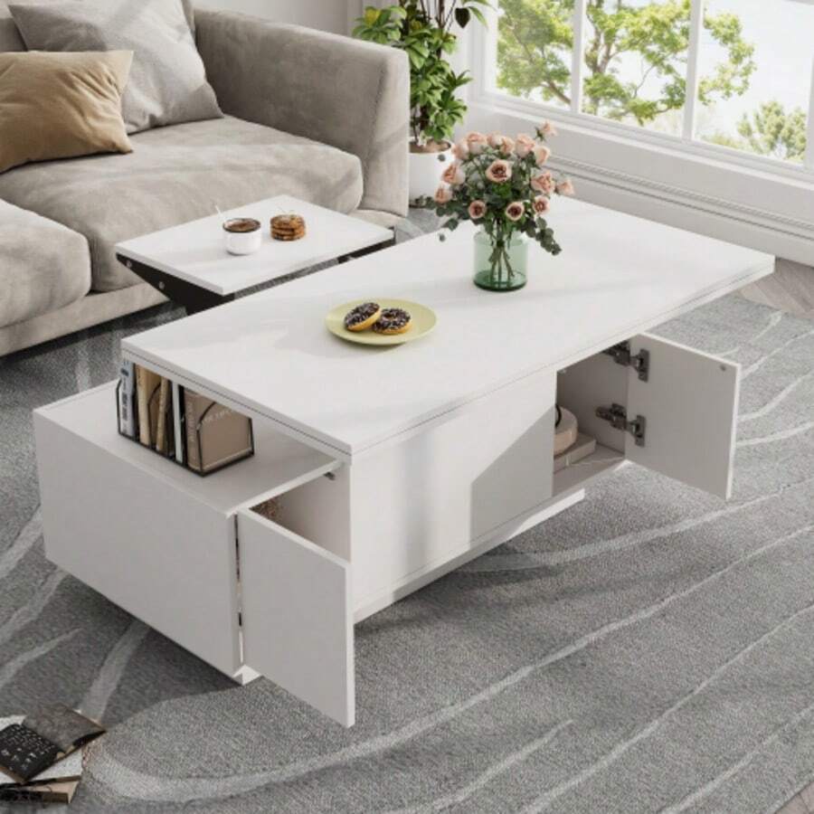 Modern Coffee Table With Double Lifting Mechanism And Concealed Storage Space – Load Capacity Up To 50 Kg - White - View 1