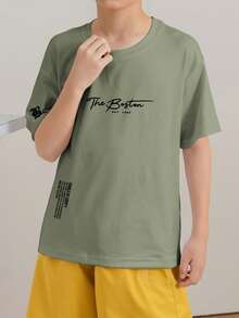 Tween Boys Casual Printed Crew Neck Short Sleeve T-Shirt, Summer Top - Olive Green - View 2