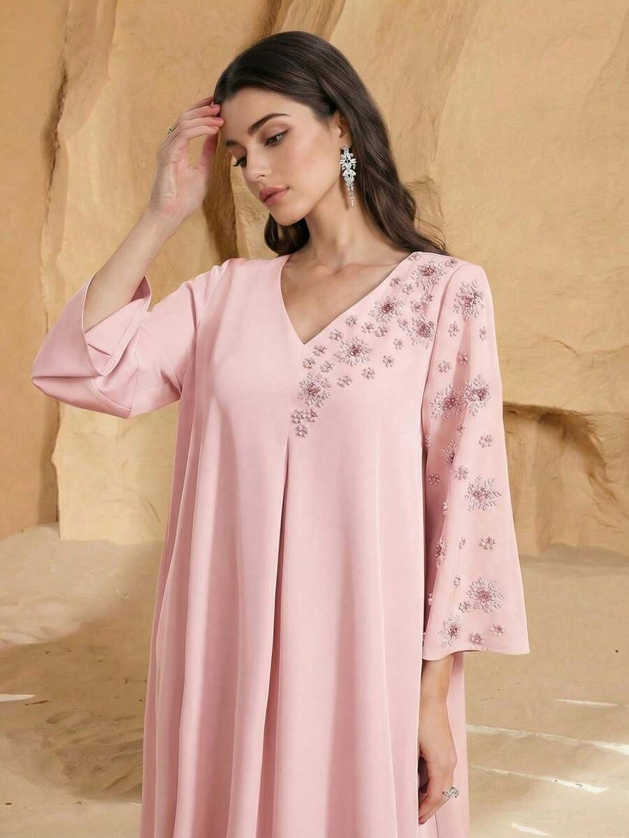 Vestido árabe elegante de manga larga con cuello en V, de unicolor y con cuentas hechas a mano, para primavera