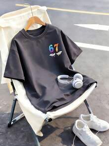 Tween Boy Fashionable Colorful Number 67 Graphic Print T-Shirt, Summer Top For Boys - Dark Grey - View 8