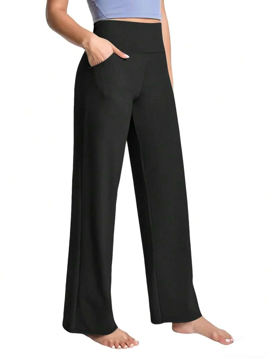 LKESRC Women's Fashionable High-Waisted Stretch Pants With Pockets Loose-Fit Yoga Casual Activewear Bottoms - 黑色 - 查看 1