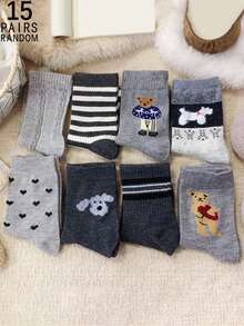 1/5/10/15/20 Pairs Random Cute Cartoon Bear Design Warm Mid-Calf Socks For Women - Multicolor - View 11