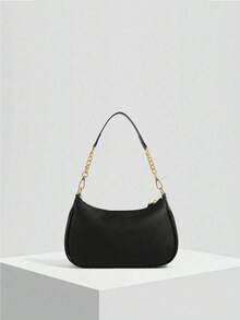 This Fashionable Classic Letter Pattern Solid Color PU Waterproof Shoulder Bag/Crescent Bag/Underarm Bag Is Very Suitable For Shopping, And Can Also Be Worn Crossbody. It Comes With A Pearl Ribbon Pendant, Suitable For Women, Female College Students, Commuters, Dates, Daily Commuting And Various Other Occasions. - Black - View 2