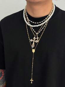 4件套复古嘻哈十字架吊坠仿珍珠项链，Y字形项链套装，可单独佩戴或叠戴，男士魅力饰品，适合日常、音乐节、派对等场合，男女皆宜，理想礼物 - 金色 - 查看 2
