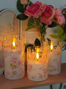 3-Piece LED Electronic Candle Set, Pink Rose-Printed Casing, With Remote Control And Timer (2/4/6/8 Hours), Featuring A Flickering Flame Effect, Long Battery Life, Suitable For Parties, Weddings, Family Gatherings, Everyday Use, And Holiday Decorations/Gifts. - Rose - View 5