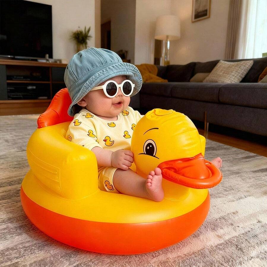 1pc Baby Sitting Chair, Foldable Inflatable Safety Anti-Fall Sofa Dining Chair, Infant Bathing Stool Toy, Suitable For Daily Use - Yellow - View 1