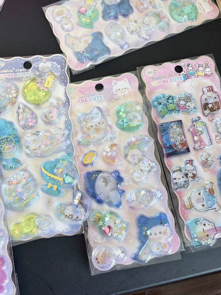 かわいいウサギ、子猫、ウォーターボトル、星グリッター 3Dシェイカーステッカー、楽しいステッカー交換 - マルチカラー - 見る 5