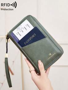 Fashionable Dual-Zipper Large Capacity RFID Blocking Passport Holder Credit Card Holder For Men And Woman With Wrist Strap And Adjustable Shoulder Strap Multifunction Travel Wallet Phone Wallet Passport Case For Credit Card/ ID Card/ Tickets/ Cash/Passport,Portable Creative Airplane Passport Bag Birthday Gifts,Gifts,Anniversary,Gifts For Boyfriend/Father,Travel Accessories, Travel Essentials Robber - 綠色 - 查看 4