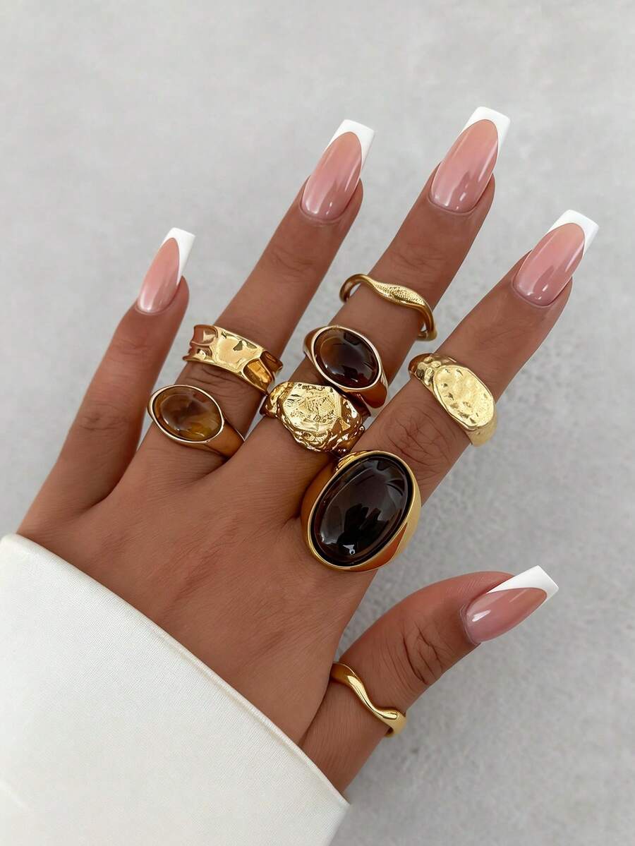 8pcs Set Minimalist French Design Metal Vintage Rings, Luxury Fashion Acrylic Diamond Rings, Suitable For Party, Gift And Daily Wear - Yellow Gold - View 1