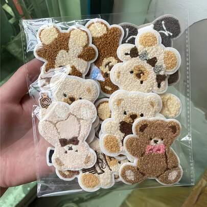 16pcs Plush Teddy Bear Iron-On/Sew-On Patches, Cute Animal Embroidered Decorative Appliques Suitable For Clothes, Hats, Bags, Pants And Dresses, Cartoon Bear Design With Fine Needlework Handmade Craft
