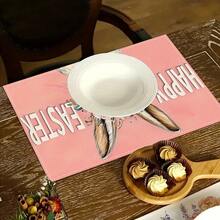 1/4/6 piezas Serie de Pascua, Un conejo con corona de flores rosas y amarillas y patrón de texto artístico blanco impreso en individual/mantel, tela de lino, lavable a mano - Adecuado para mesa de comedor, cocina, fiesta, decoración del hogar, cumpleaños, decoración de boda - Multicolor - Ver 9