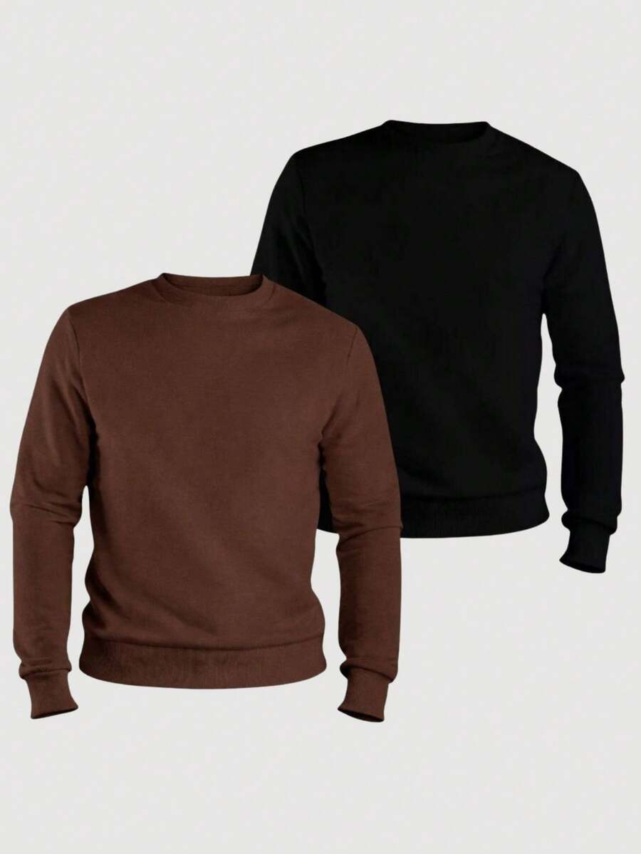 ZUKKER Kit Of 2 Men's Plain Crew Neck Sweatshirts, Flannel Lined Winter Jacket, Unisex Cotton, Immediate Shipping, Various Colors, Ribbed Cuffs - 黑色/棕色 - 查看 1