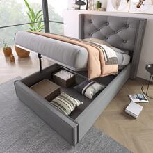Hydraulic Single Bed 90x200cm, Bed With Sheet Metal Frame, Modern Bed Frame With Storage, Cotton, Grey, Light Grey. - Grey - View 1