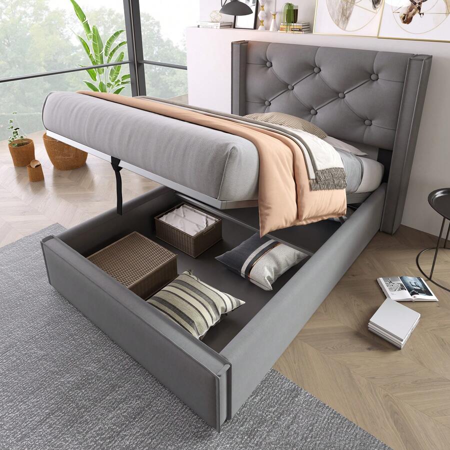Hydraulic Single Bed 90x200cm, Bed With Sheet Metal Frame, Modern Bed Frame With Storage, Cotton, Grey, Light Grey. - Grey - View 1
