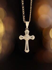 1件欧美风格全钻十字架吊坠项链，奢华个性化设计，适合日常佩戴、音乐节、度假或祈祷场合。 - 金色 - 查看 10