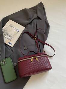 1pc Fashion Women's Crossbody Bag, Solid Color Square Handbag, Box-Shaped, PU Leather Woven Texture, Zipper Closure, Adjustable Strap, Casual Daily Bag Suitable For Young Women - Travel, Work, Shopping, Dating, Gift, Office - Burgundy - View 9