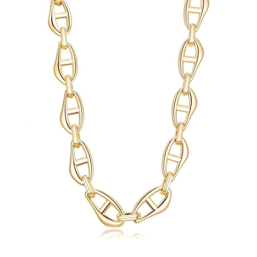 Chunky Gold Necklace 18k Plated Chunky Chain Link Necklace For Women Long Statement Necklace For Women Adjustable Length 50+10CM - Style-B - 查看 1