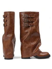 Fashion Womens Knee High Boots Round Toe Buckle Straps Slouchy Chunky Heel Boots Party Office Daily Outdoors Fall Winter Dressy Boots - PU nâu - Xem 9