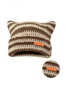 1pc Unisex Hand Knitted Cute Striped Cat Ear Beanie Hat, Autumn Winter Warm Ear Protective Handmade Striped Ski Mask Street Fashion Hip-Hop Couple Headwear - Multicolor - View 61