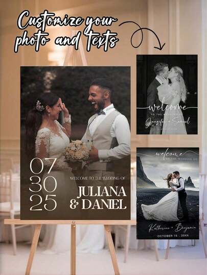 Plantilla personalizada de cartel de bienvenida de boda elegante, cartel de bienvenida, collage de fotos de boda, cartel de bienvenida moderno, póster imprimible de recepción de boda