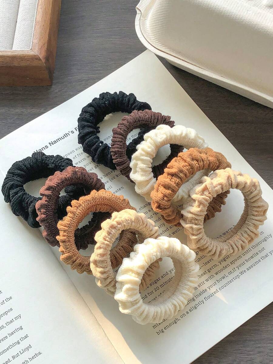 10个暖色调加厚宽褶皱发圈，女士复古休闲日常百搭高马尾和发髻发饰，经久耐用 - 彩色 - 查看 1