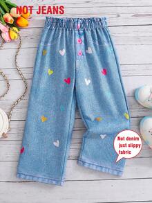Girls' Summer Heart All-Over Denim Print Elastic Waist Wide Leg Pants, Retro Casual All-Match Trousers - Light Wash - View 1