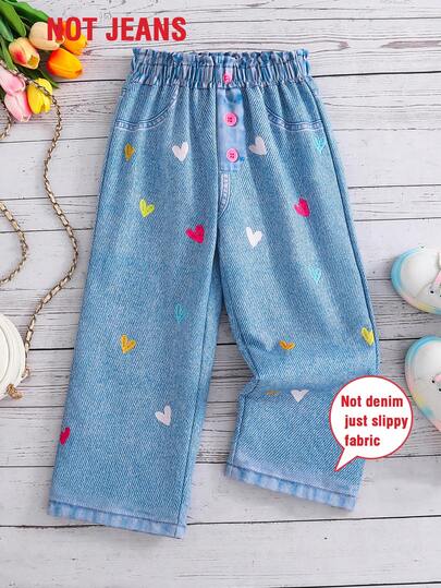 Girls' Summer Heart All-Over Denim Print Elastic Waist Wide Leg Pants, Retro Casual All-Match Trousers